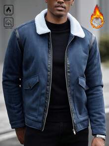 Manfinity CasualCool Men's Solid Color Casual Long Sleeve Thermal Lined Collar Fleece-Lined Jacket Men Blue Aviator Jacket Men Bomber Jacket Men Outerwear Blue Jacket