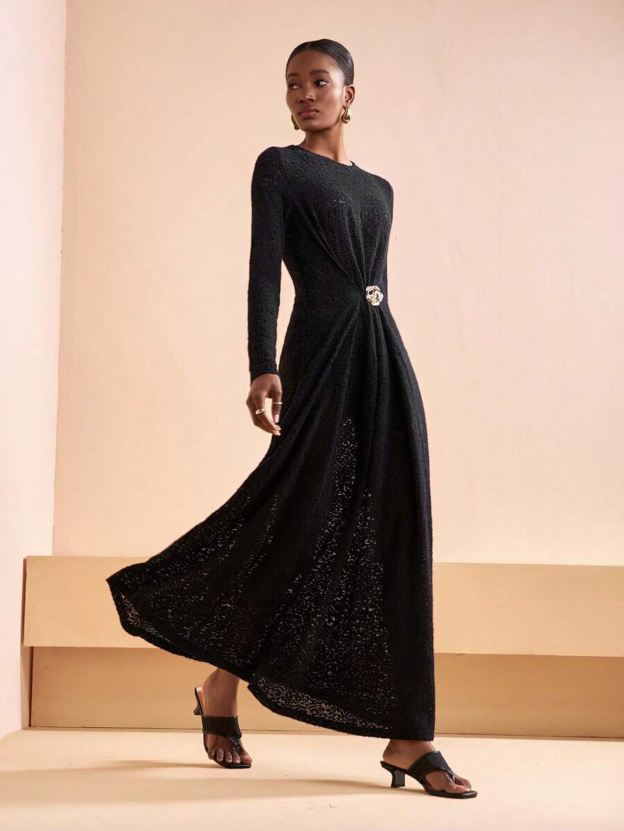 Zivah Women's Round Neck Long Sleeve Metallic 3D Floral Decor Elegant Dress