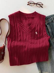 Comfortcana Women's Minimalist Casual Burgundy Equestrian Pattern Knitted Vest, Autumn/Winter Red - Burgundy - View 5