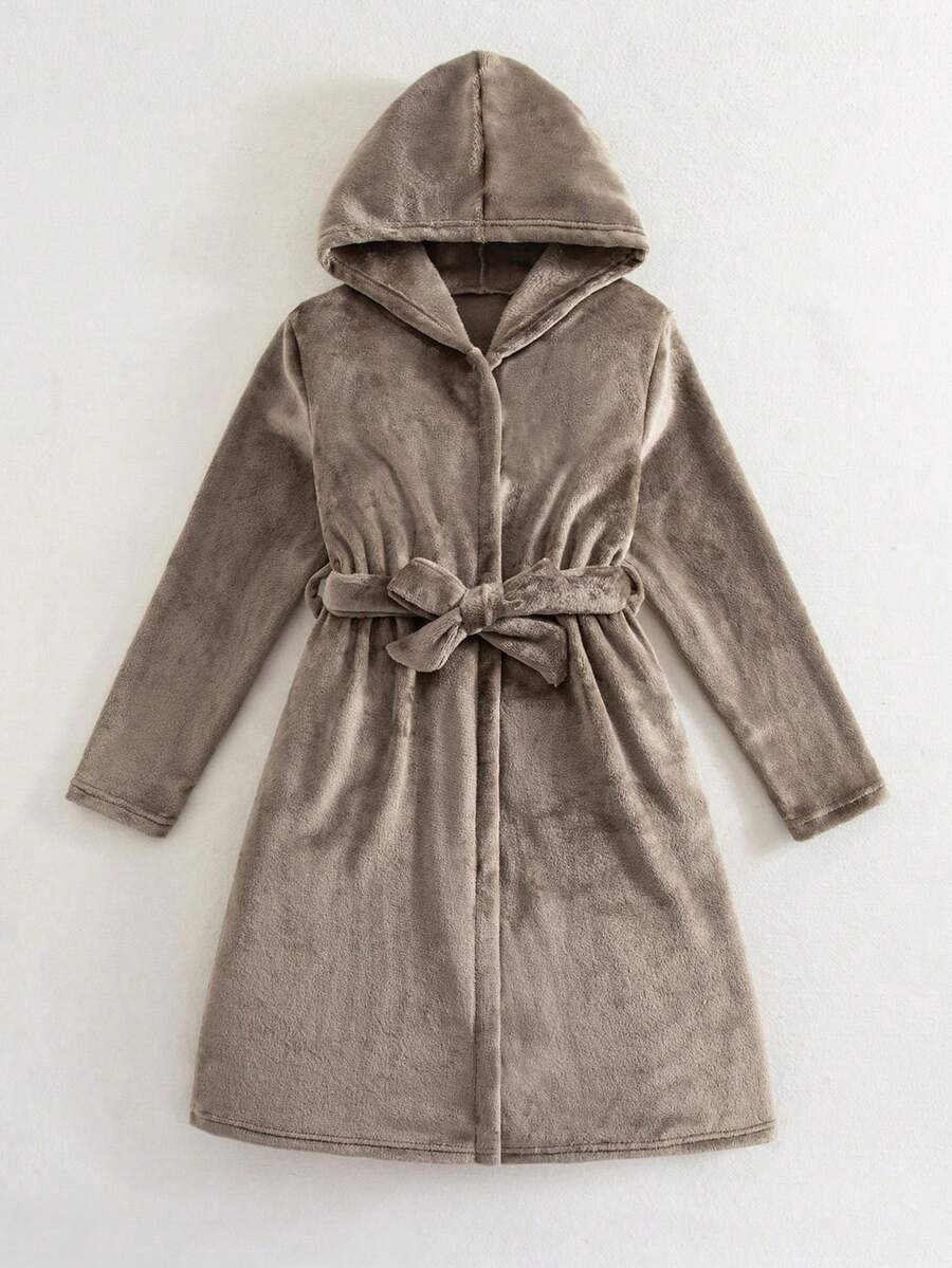 Boys' Solid Black Simple Fashionable Solid Color Long Sleeve Long Hooded Tie Robe Loungewear - Khaki - View 1