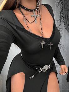 Whyspr Fashionable Long Sleeve Lace Patchwork Slim Fit Split Punk Dress - Black - View 3