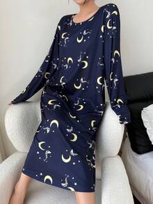 SHEIN 月亮星星印花女士休闲长袖睡裙，冬季 - 藍色 - 查看 3