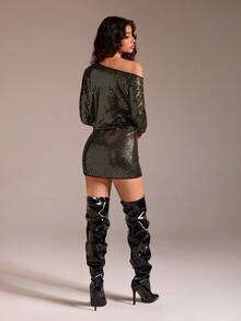 TRNVIE 1pc Women's Sequin Embellished Asymmetric Shoulder Bodycon Party Dress, Long Sleeve, Autumn - Black and Gold - View 2