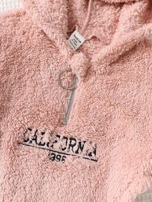 2 件女婴可爱羊毛保暖长袖字母印花连帽衫运动衫和针织打底裤套装，秋冬 - 彩色 - 查看 4