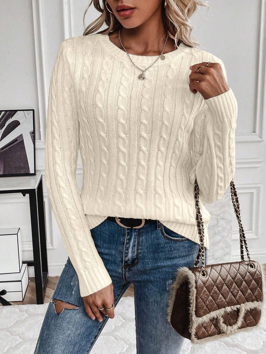 EMERY ROSE Casual Solid Color Crew Neck Sweater, Autumn - Khaki - View 1