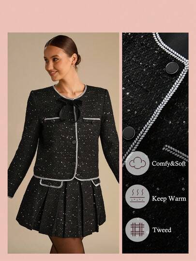 Enchnt Veste élégante pour femmes avec nœud papillon et décoration de sequins, manches longues