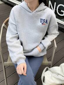 SHEIN Girlism 青少年女孩两件套，花卉灰蓝色，休闲百搭，美国国旗印花落肩连帽衫毕业宽松长袖运动衫和喇叭裤，返校，干净的女孩，运动服 - 彩色 - 查看 18