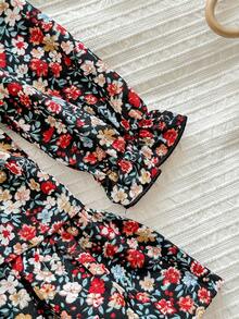 Babygirl Cute & Elegant Loose Ditsy Floral Ruffle Trim Long Sleeve Dress