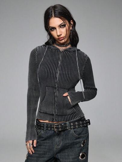 Grunge Punk Chaqueta con capucha con cremallera y acanalada de estilo punk para mujer