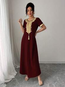 Rafferiza 女士时尚圆领插肩短袖宽松复古优雅金色蕾丝边连衣裙 - 棕色 - 查看 4