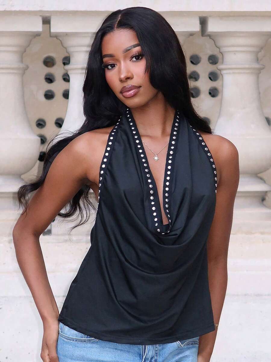 Mima John Women's YTK Sexy Draped Collar Backless Studded Halter Top ...