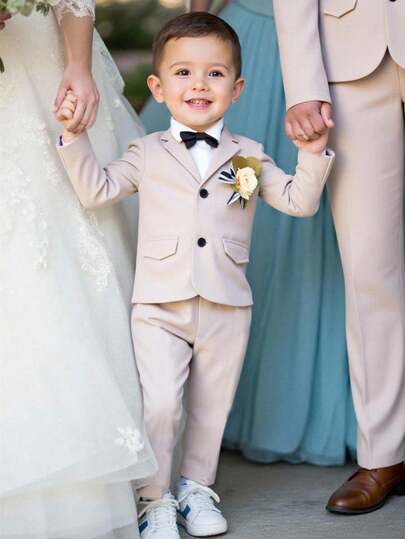 SHEIN 2 piezas Conjunto informal de estilo gentleman para niño pequeño, chaqueta blazer de unicolor y pantalones formales de cintura elástica, adecuado para fiesta de cumpleaños, evento de noche, actuación, boda en otoño/invierno