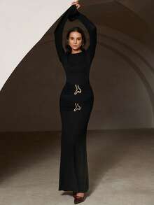 Chiquease European & American Style Elegant Casual Pleated Collar Button Decor Long Sleeve Dress - Black - View 5