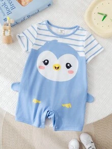 SHEIN Pelele de manga corta con cuello redondo y pantalón corto con estampado de pingüino de dibujos animados y contraste de color para bebé niño - Azul - Ver 3