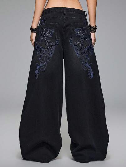 Grunge Punk Punk Distressed Cross & Vine Washed Oversized Straight Leg Extra Long Jeans