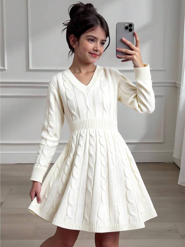 Vestido suéter com decote em V para meninas, estilo minimalista, malha trançada, cintura marcada, bainha com babados, macio e agradável à pele, caimento elegante, versátil para passeios e uso em casa, essencial para a primavera/outono