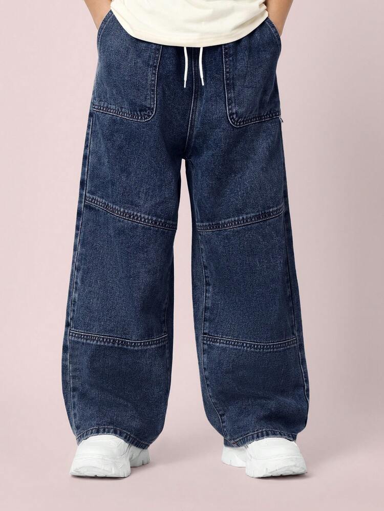 Wide Leg Denim Jeans With Drawstring