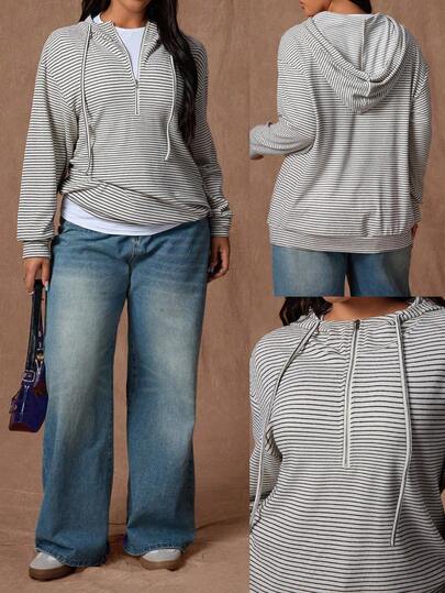 Rustia Sudadera con capucha de manga larga holgada, elegante y casual, a rayas, para mujer de talla grande, para otoño/invierno