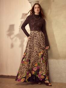 MOTF PREMIUM WOMEN'S LEOPARD PRINT ELEGANT PLEATED LONG FLOWY SKIRT, AUTUMN - Brown - View 1