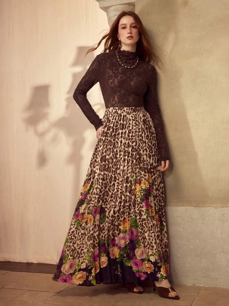 WOMEN'S LEOPARD PRINT ELEGANT PLEATED LONG FLOWY SKIRT, AUTUMN