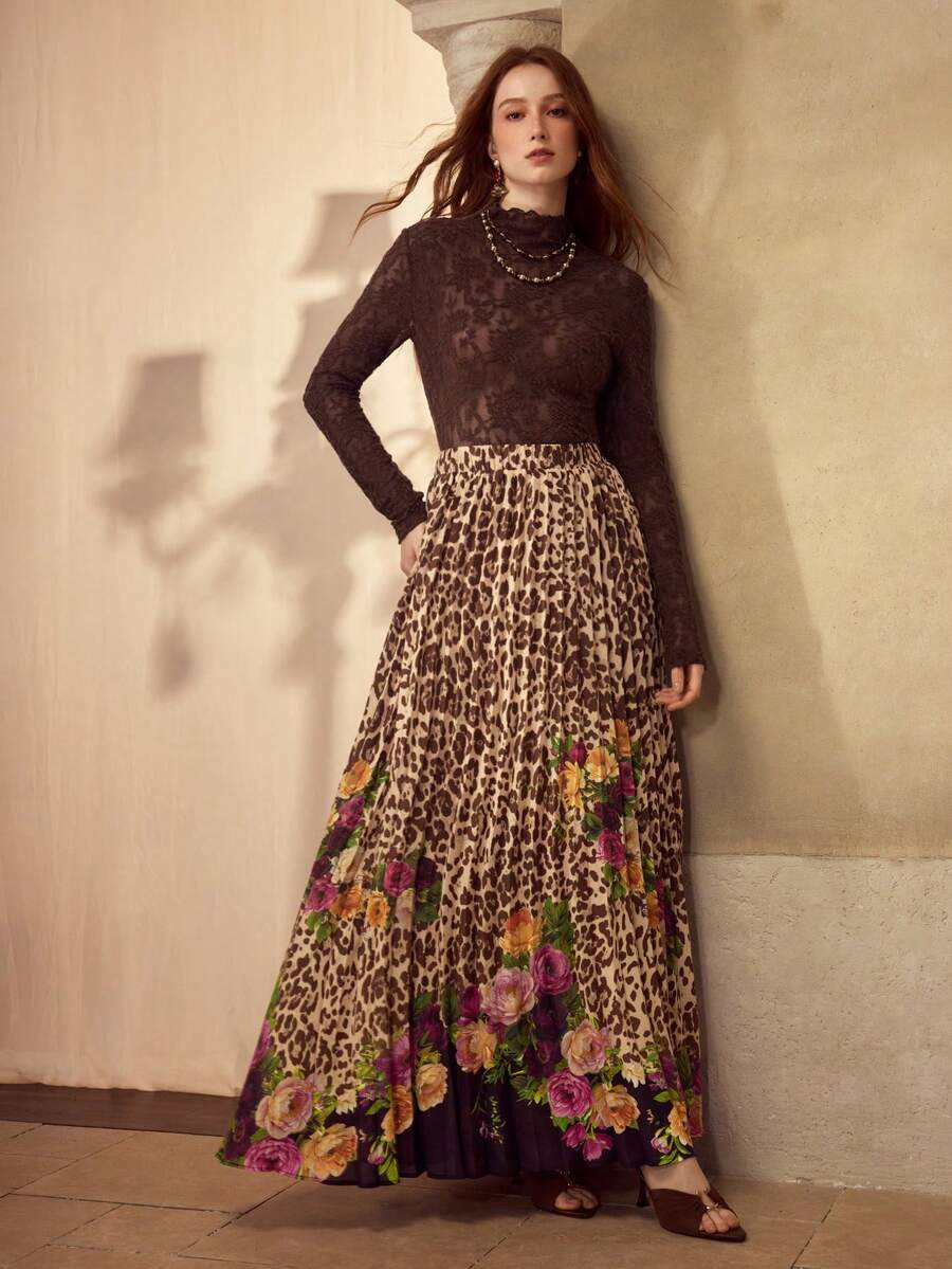 MOTF PREMIUM WOMEN'S LEOPARD PRINT ELEGANT PLEATED LONG FLOWY SKIRT, AUTUMN - Brown - View 1