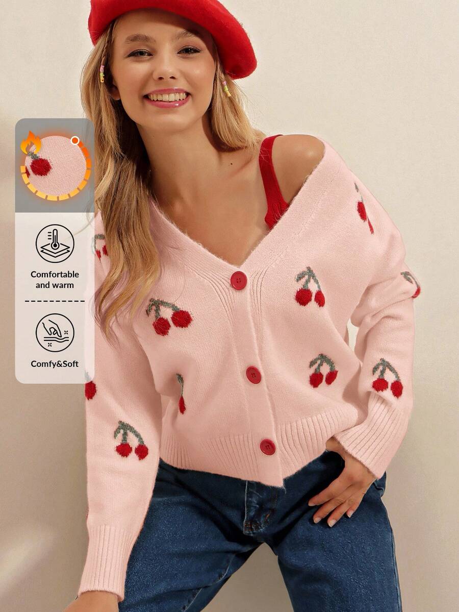 RueChic 櫻桃圖案落肩袖開襟衫 - 粉色 - 查看 1