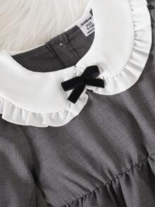 Souflis Souflis Infant/Baby Girl Autumn Long Sleeve Dress, Bowknot Collar Design, Ruffled Lapel, Comfortable Princess Outerwear - Grey - View 4