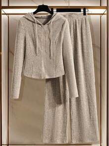 Airaco Set 2 buc. Plus Size pentru femei, culoare solidă, cu glugă, mânecă lungă, top și pantaloni