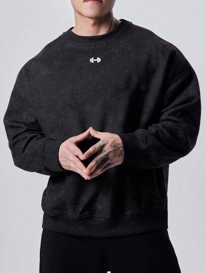 Manfinity Sport PWRUP Men's Casual Barbell Print Drop Shoulder Loose Washed Sports Sweatshirt, Spring/Autumn