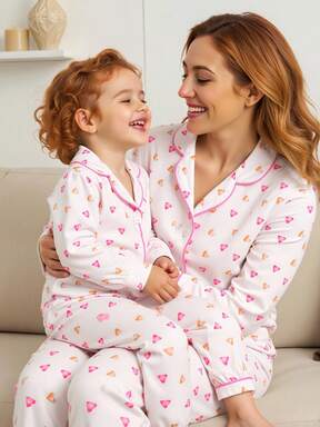 مجموعة بيجامة طويلة الأكمام وبنطال طويل مطبوع بقلوب لطيفة للأطفال/البنات الرضع، بيجامات أم وطفلة، بيجامات بنات للأطفال، 2 قطعة