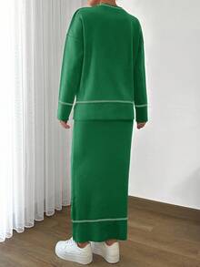 EURMUSE Conjunto de suéter y falda de mujer con cuello redondo, hombros caídos y patrón de rayas de unicolor - Verde - Ver 3