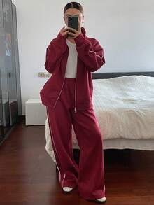 DAZY 2pcs Women Contrast Color Trim Long-Sleeved Jacket And Pant Set