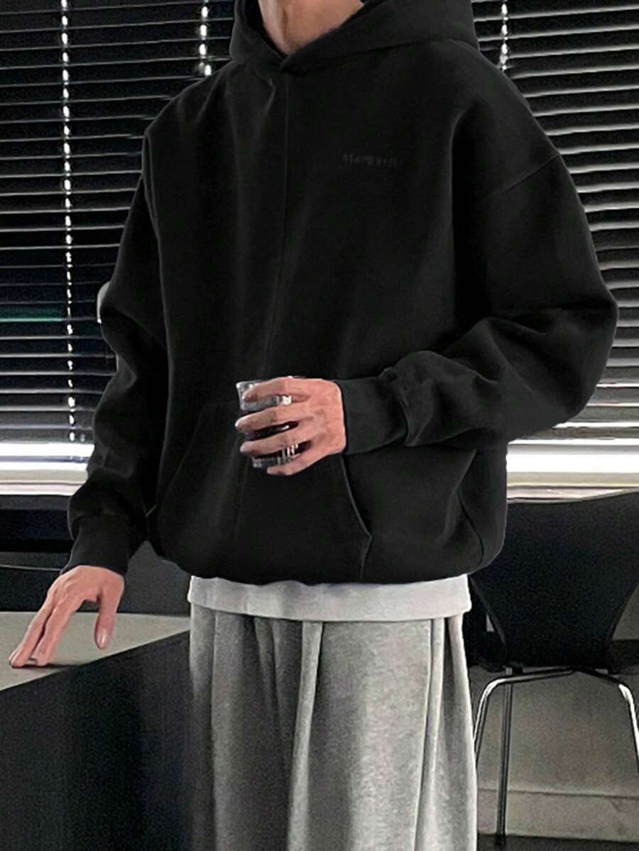 DAZY 男士字母刺绣设计保暖内衬连帽衫，秋冬 - 黑色 - 查看 1