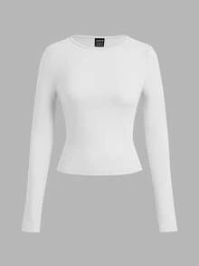 SHEIN EZwear 3件套女士休闲宽领修身长袖T恤套装，白色，秋冬 - 白色 - 查看 4