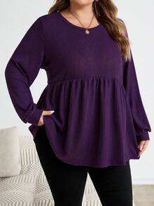 SHEIN CURVE+ 女式加大码宽松休闲圆领 T 恤，纯色 - 紫色 - 查看 6