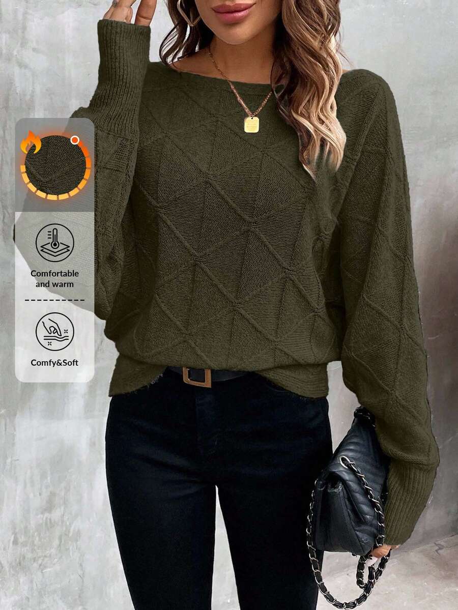 EURMUSE Damen Lässig Einfarbiger Fledermausärmel Pullover, Herbst/Winter - Armeegrün - Übersicht 1