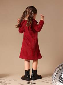 SUMWON Girls Long Sleeve Ribbed Knit Sparkle Dress With Ruffle Shoulders Holiday Party Winter Sweater Dress - Burgundy - View 2