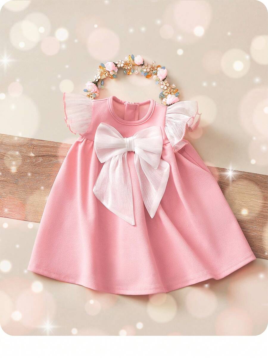 Đầm tay lửng trang trí nơ hồng dễ thương và thanh lịch cho bé gái sơ sinh - Hồng - Xem 1