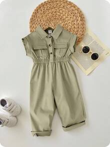 SHEIN 女婴夏季可爱实用绿色短袖束腰领口连体衣