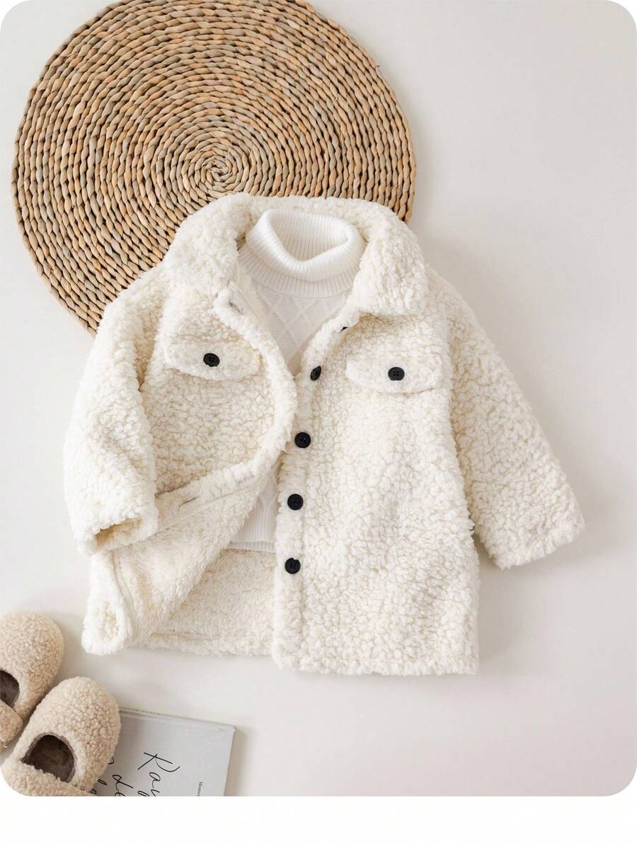 SHEIN Babygirl Cute Versatile Apricot Fuzzy Collar Long Sleeve Jacket, Autumn/Winter Fall - Apricot - View 1