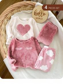 4pcs Baby Girl Valentine's Day Cute Heart & Cloud Print Crew Neck Long Sleeve Top And Soft Thermal Lined Pajama Pants Set Graphic