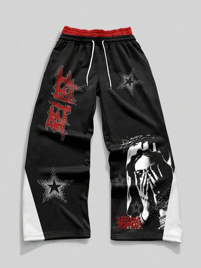 Street Life بنطلون رياضي فضفاض بخصر مربوط بسحاب مطبوع عليه حرف وشكل نجمة للرجال
