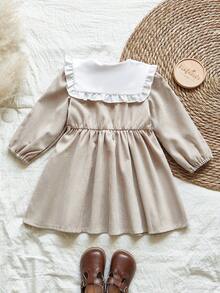 SHEIN Vintaside Kids 女婴可爱长袖公主裙，时尚自然风格，春秋季 - 卡其色 - 查看 2