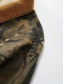 ROMWE MEN Street Life Chaqueta vaquera casual con cremallera y estampado de ramas de otoño para hombre