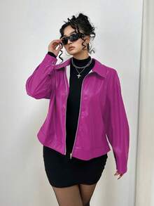 POPSWAY Große Größen Jacke mit offenem Reißverschluss, einfarbig, aus PU-Leder, mit Langarm und Kragen