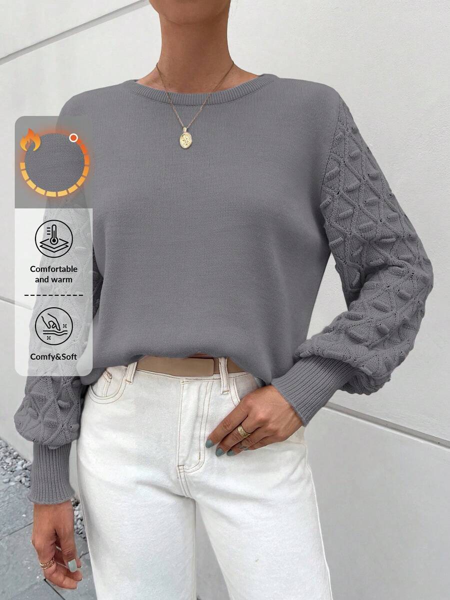 SHEIN Cottnline Women's Solid Color Lantern Sleeve Sweater - Light Grey - View 1