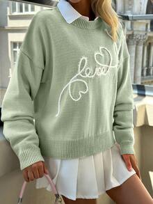 EURMUSE Casual Contrast Color Love And Heart Shape Pattern Embroidery Crew Neck Cute Sweater - Mint Green - View 5