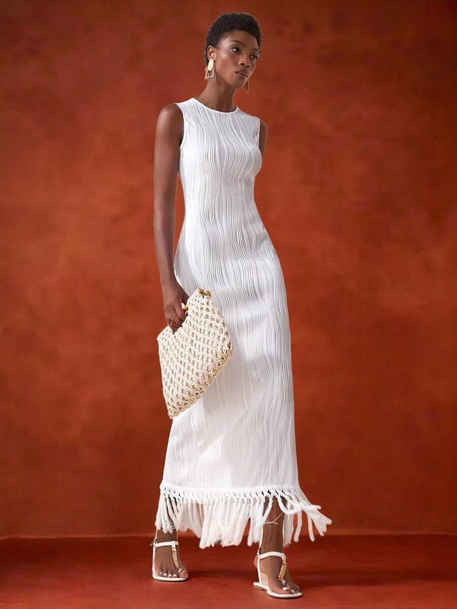 Zivah 2025 Summer New Casual Vacation Elegant Round Neck Sleeveless Slim Fit White Texture Knitted Splicing Tassel Hem Women Midi Dress, Commuter,Seaside, Vacation, Travel, Cruise, Beach, Boho, Nomadic, Daily Travel, Graduation, Brunch Outfit, Airport Outfit, Casual, Back To School-A