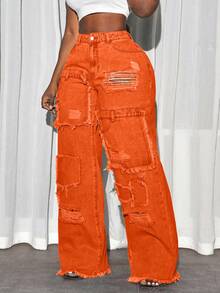 Slaydiva Plus Size Casual Washed Distressed Wide Leg Jeans - Orange - View 5