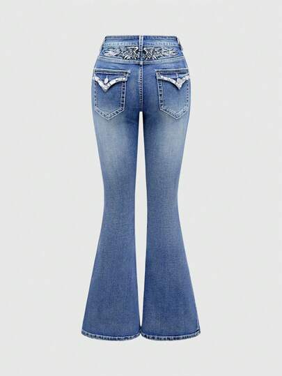 Goth Rhinestone Wing Embroidered Flared Leg Skinny Casual Low Waist Jeans